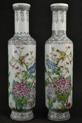 A Pair Exquisite Chinese Old Porcelain Handwork Flower Bird Vase