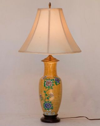 Large Chinese Hand Painted Ceramic Table Lamp Mustard Yellow Floral
