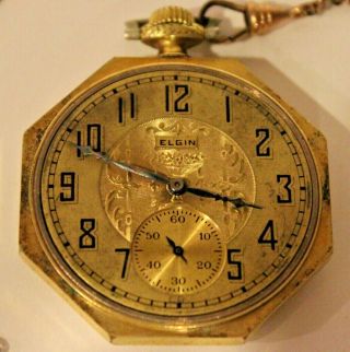 14k Gold Filled Antique 1923 Elgin Octagon Pocket Watch 17 Jewel With Chain Runs