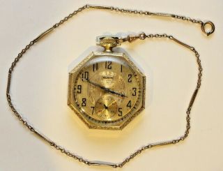 14K Gold Filled Antique 1923 Elgin Octagon Pocket Watch 17 Jewel with Chain RUNS 4