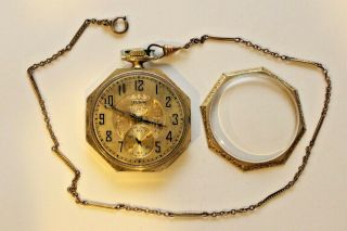 14K Gold Filled Antique 1923 Elgin Octagon Pocket Watch 17 Jewel with Chain RUNS 6