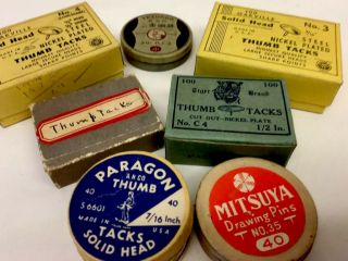7 Different Vintage Thumb Tack Boxes - Have A Look Circa 1940 - 50