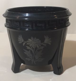 Black Glass Rose Bowl,  Floral Silver Overlay,  Footed,  L.  E.  Smith Co.
