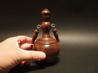 Antique Vintage Style Turned Wood Doll Spinning Top Toy W Cloth Bag