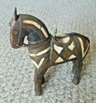 Vintage Old Hand Carved Camel Bone/ Brass Fitted Wooden Horse Statue