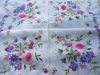 Vintage Hand Embroidered Linen Tablecloth - FLORAL ' S & FOLIAGE 2