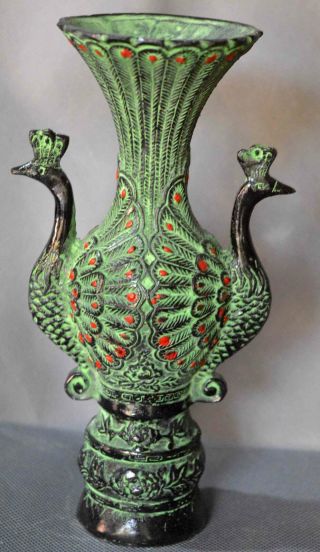 Auspicious Ancient Chinese Collectable Old Bronze Carve Tail Peacock Double Vase