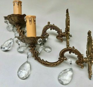 Vintage French Gold Colour Wall Light Candle Sconces With Crystal Drops