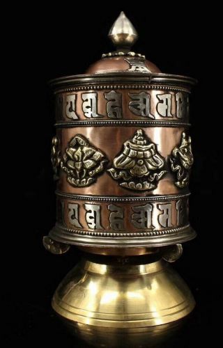Collectable Decor Souvenir Miao Silver Copper Carve Tibetan Prayer Wheel Statue