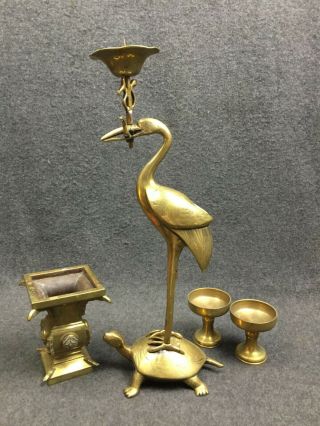 Japanese Large Antique Buddhist Brass Candle Stand Crane Turtle Lotus Vase Set