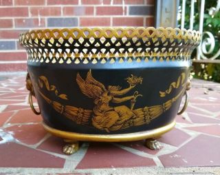 Vtg French Toleware Metal Planter Lions Head Hand Painted Lady Holding Wheat