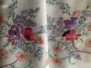 Gorgeous Vintage Linen Hand Embroidered Tablecloth Anemones/forget Me Nots