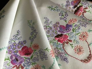 GORGEOUS VINTAGE LINEN HAND EMBROIDERED TABLECLOTH ANEMONES/FORGET ME NOTS 4