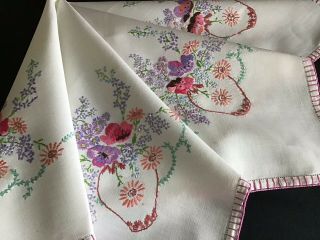 GORGEOUS VINTAGE LINEN HAND EMBROIDERED TABLECLOTH ANEMONES/FORGET ME NOTS 7