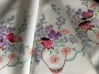 GORGEOUS VINTAGE LINEN HAND EMBROIDERED TABLECLOTH ANEMONES/FORGET ME NOTS 8