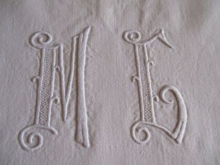 Antique Vintage French Metis Linen Sheet,  Ladder - Work,  M.  L.  Monogram,  10ft.  Long