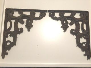 2 Antique Iron Shelf Brackets 13 1/4 " X 11 1/4 " - Ornate,  Detailed Thick Iron