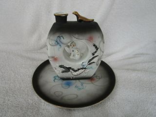 Vintage Hand Painted,  Signed Japanese Kutani Saki Set [Carafe,  5 Cups,  Plate] 2