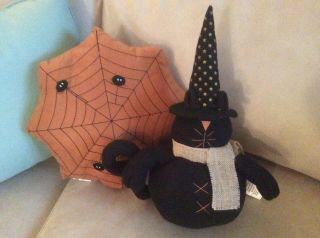 Halloween Primitive Black Cat & Spider Web Accent Pillows Whimsical Set Of 2