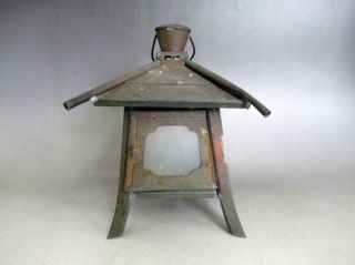 Japanese Old Copper Lantern Toro W/glass/ Very Tasteful/ 8816