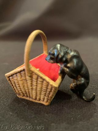 Antique Austrian Vienna Bronze Miniature Dachshund And Mouse In A Basket.  Signed