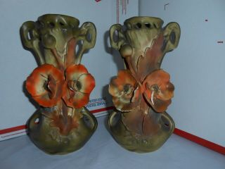 Set 2 Antique Royal Dux 1904 - 1918 Art Nouveau Amphora Style Floral Vases Austria