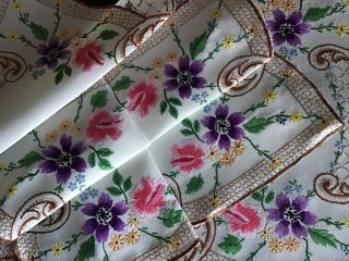 Pair Vintage Linen Hand Embroidered Tray Cloths Roses/anemones