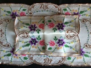 PAIR VINTAGE LINEN HAND EMBROIDERED TRAY CLOTHS ROSES/ANEMONES 5