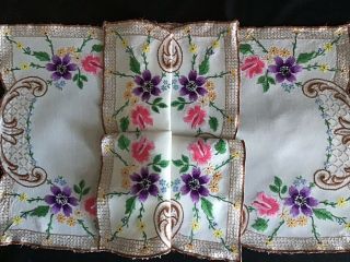 PAIR VINTAGE LINEN HAND EMBROIDERED TRAY CLOTHS ROSES/ANEMONES 6