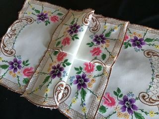 PAIR VINTAGE LINEN HAND EMBROIDERED TRAY CLOTHS ROSES/ANEMONES 7