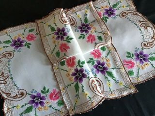 PAIR VINTAGE LINEN HAND EMBROIDERED TRAY CLOTHS ROSES/ANEMONES 8
