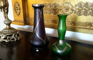 ART NOUVEAU Glass Vases STERLING SILVER OVERLAY C.  1895 Amethyst & Green 2
