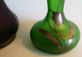 ART NOUVEAU Glass Vases STERLING SILVER OVERLAY C.  1895 Amethyst & Green 3