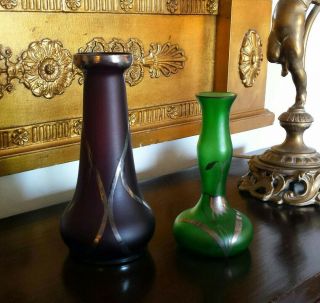 ART NOUVEAU Glass Vases STERLING SILVER OVERLAY C.  1895 Amethyst & Green 4