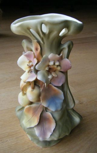 19th C.  Austrian Royal Dux Amphora Style Vase Fruit & Flower,  Art Nouveau