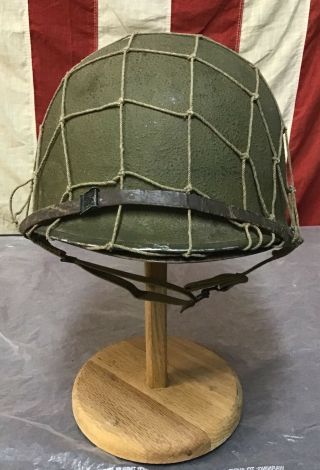 World War Two U.  S.  Army M - 1 Helmet With Netting,  Linear And Leather Chinstrap