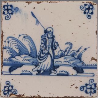 Dutch Delft Blue Tile,  Shepherd,  18th.  Century.