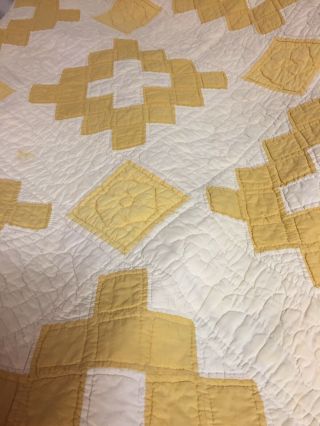 Charming Vtg Antique Handmade Quilt Signed Hand Quilted Patchwork Yellow Full