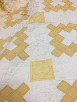 Charming Vtg Antique Handmade Quilt Signed Hand Quilted Patchwork Yellow Full 2