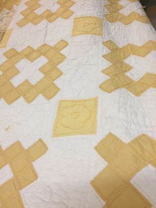 Charming Vtg Antique Handmade Quilt Signed Hand Quilted Patchwork Yellow Full 3