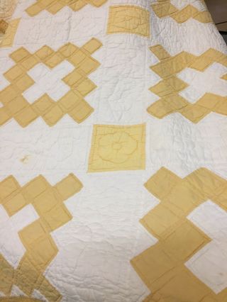 Charming Vtg Antique Handmade Quilt Signed Hand Quilted Patchwork Yellow Full 4