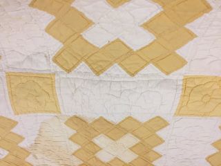 Charming Vtg Antique Handmade Quilt Signed Hand Quilted Patchwork Yellow Full 5