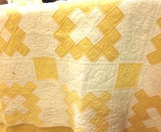 Charming Vtg Antique Handmade Quilt Signed Hand Quilted Patchwork Yellow Full 6