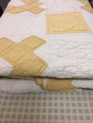Charming Vtg Antique Handmade Quilt Signed Hand Quilted Patchwork Yellow Full 8