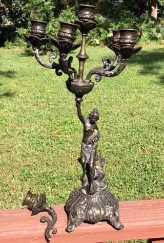 Antique Art Deco Nude Woman Brass Candelabra Rare 16”,