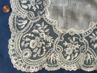 19th Century Handmade Tambour Chain Stitch Embroidered Lace Handkerchief Bride