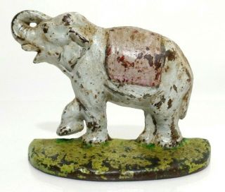 Late 19th C Antique American Cast Iron Elephant Doorstop,  W/orig Painted Surface