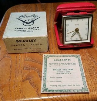 Vintage Red Bradley Travel Alarm Clock With Box & Guarantee -