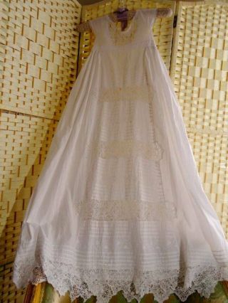 A Charming Antique Victorian Christening Gown With Lace Inserts C.  1880