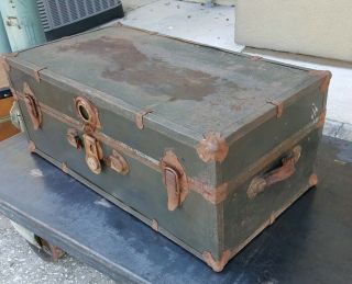 Vintage Antique Metal Steamer Travel Trunk Suitcase,  Key,  Early - Mid 1900s